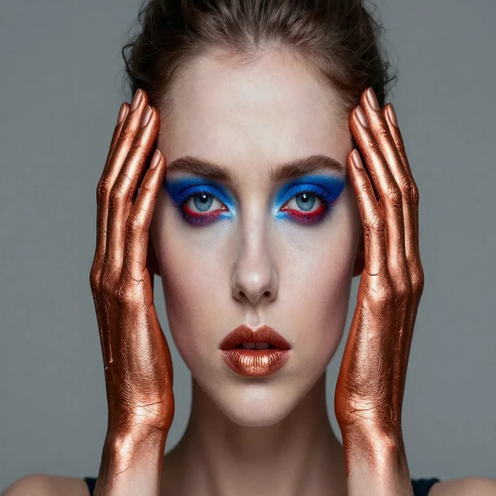 A striking close-up portrait of a woman with cracked metallic copper-painted hands framing her face. Her vivid blue and red eye makeup contrasts sharply with the smooth, pale skin and muted background, creating a bold, surreal composition. She displays an air of uncertainty about her