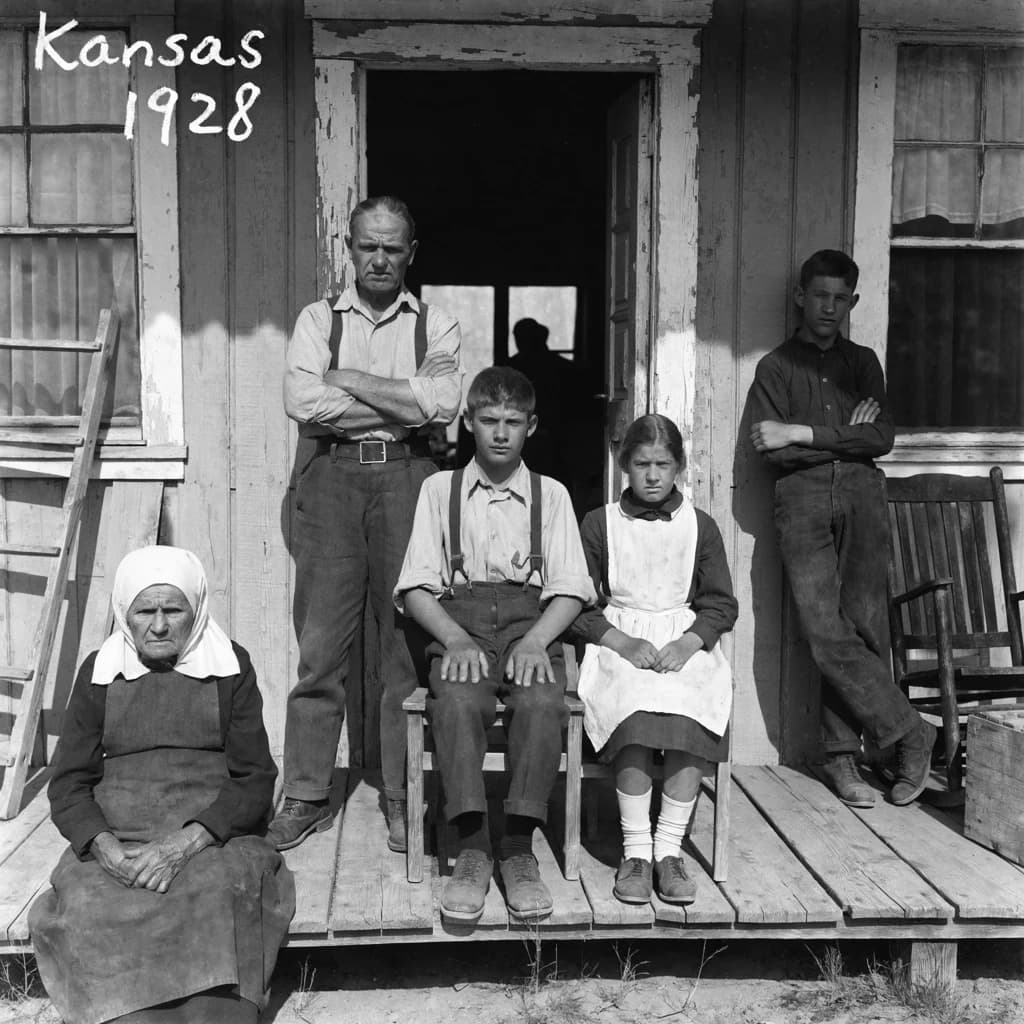 Everybody holds still and nobody smiles for the family portrait. It's 1928 in Kansas