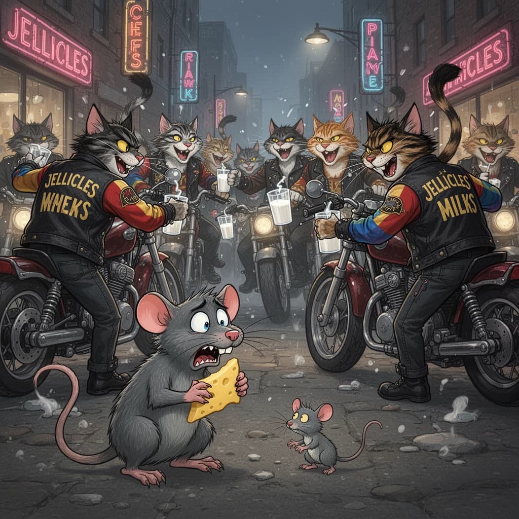 The cartoon rat clenches his thin wedge of cheese and trembles in fear as he hides from the menacing Jellicles, the roaming cat motorcycle gang, all wearing their colors with the name on the back. The cats have all drunk far too much milk and are causing a big ruckus! One cat is close to finding the rat