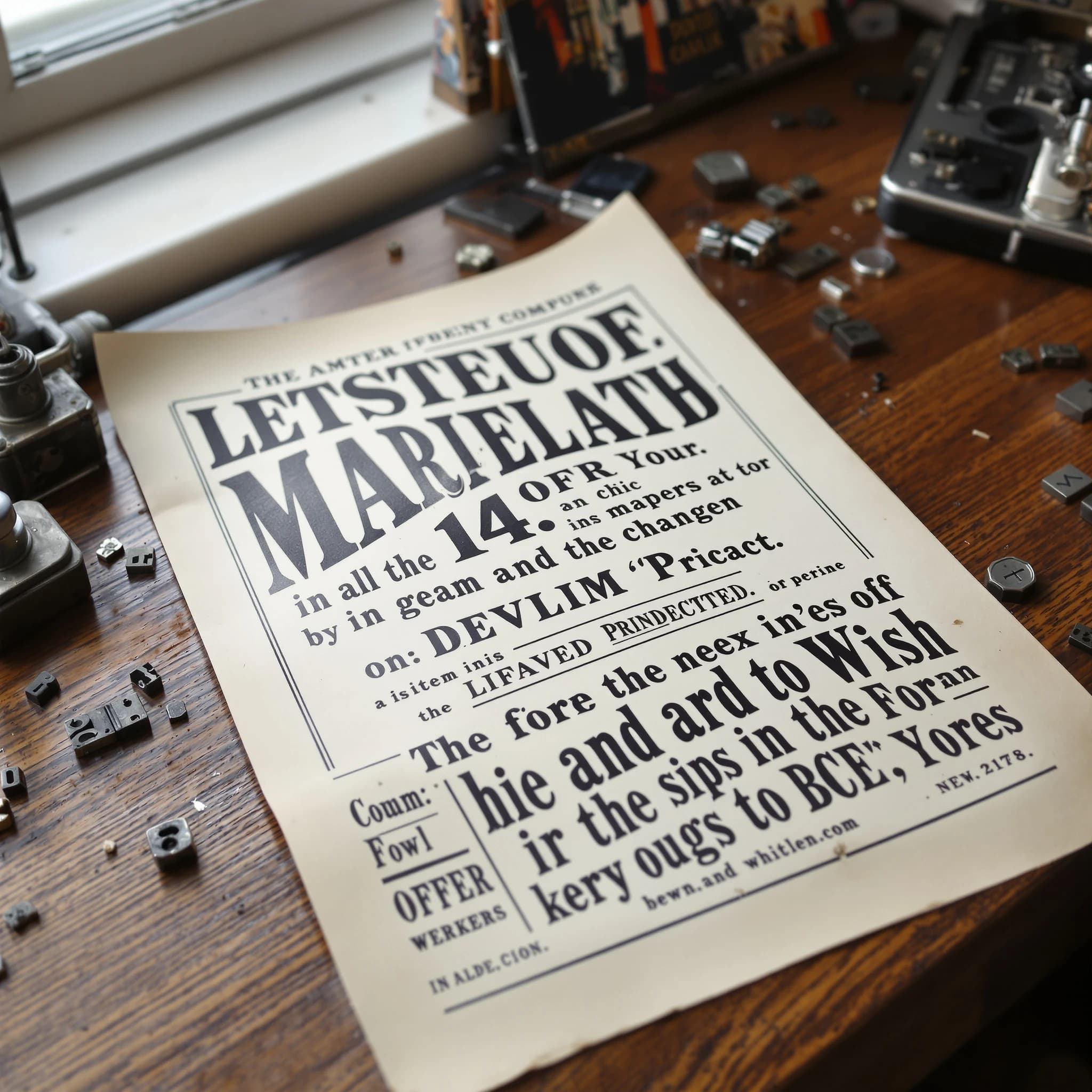A vintage letterpress poster on a wooden desk: bold slab serif headline, tight kerning, misregistered ink, slightly worn edges, scattered metal type, soft window light.
