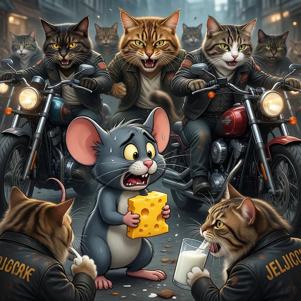 The cartoon rat clenches his thin wedge of cheese and trembles in fear as he hides from the menacing Jellicles, the roaming cat motorcycle gang, all wearing their colors with the name on the back. The cats have all drunk far too much milk and are causing a big ruckus! One cat is close to finding the rat