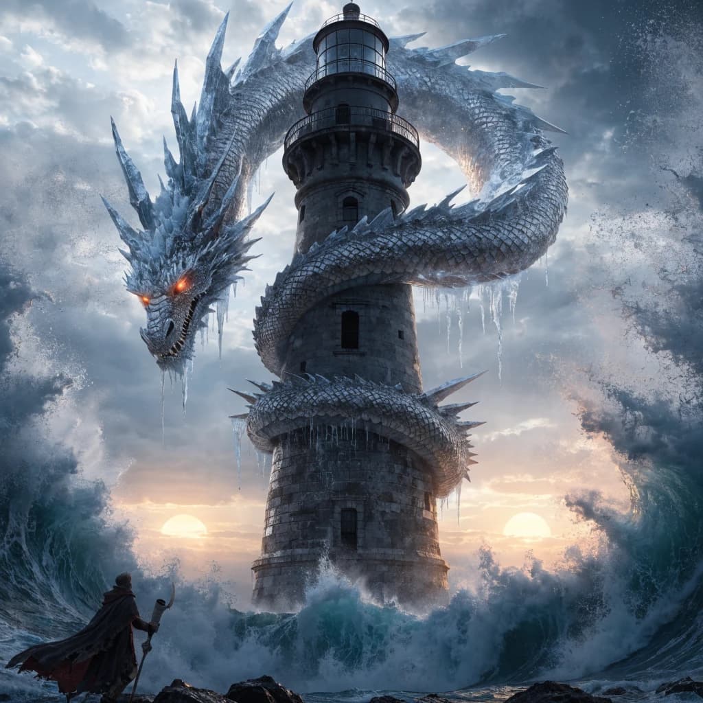 A dragon of molten silver coils around a lighthouse. The storming sea below crashes upward in frozen stillness, as though caught mid-motion. The dragon’s molten eyes drip tears of ice. On the horizon, two suns set next to each other, casting orange light on one side of the tower and blue on the other. A cloaked traveler carries an ancient weapon in his left hand and a scroll in his right.