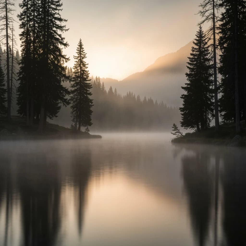 I want a photo of a misty alpine lake at dawn, pines, glassy water, warm light.