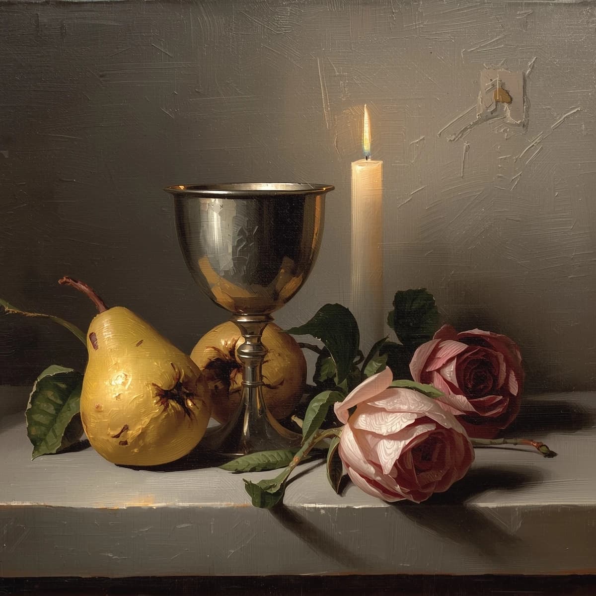 Create an oil on canvas still life with a tarnished goblet, bruised pears, and wilted roses, lit by a single candle; a bit muted palette, soft brushwork, subtle craquelure.