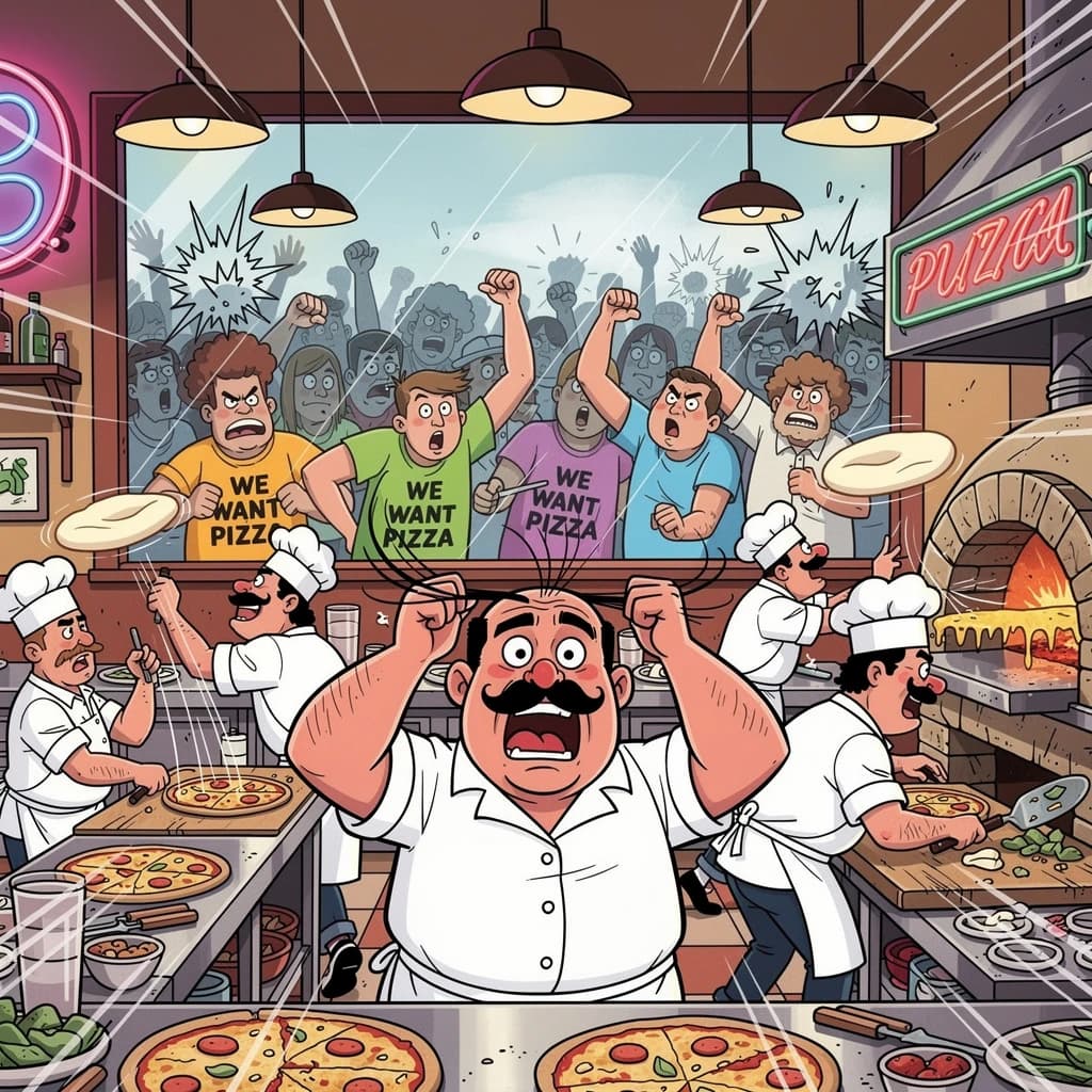 Pasquale is pulling his few remaining hairs out over a disaster at the pizzeria - the cooks are working as fast as they can but the crowds outside are swelling and they demand hot hot pizza! They are banging on the glass and some are wearing "we want pizza" shirts. 1980s western TV animation style.
