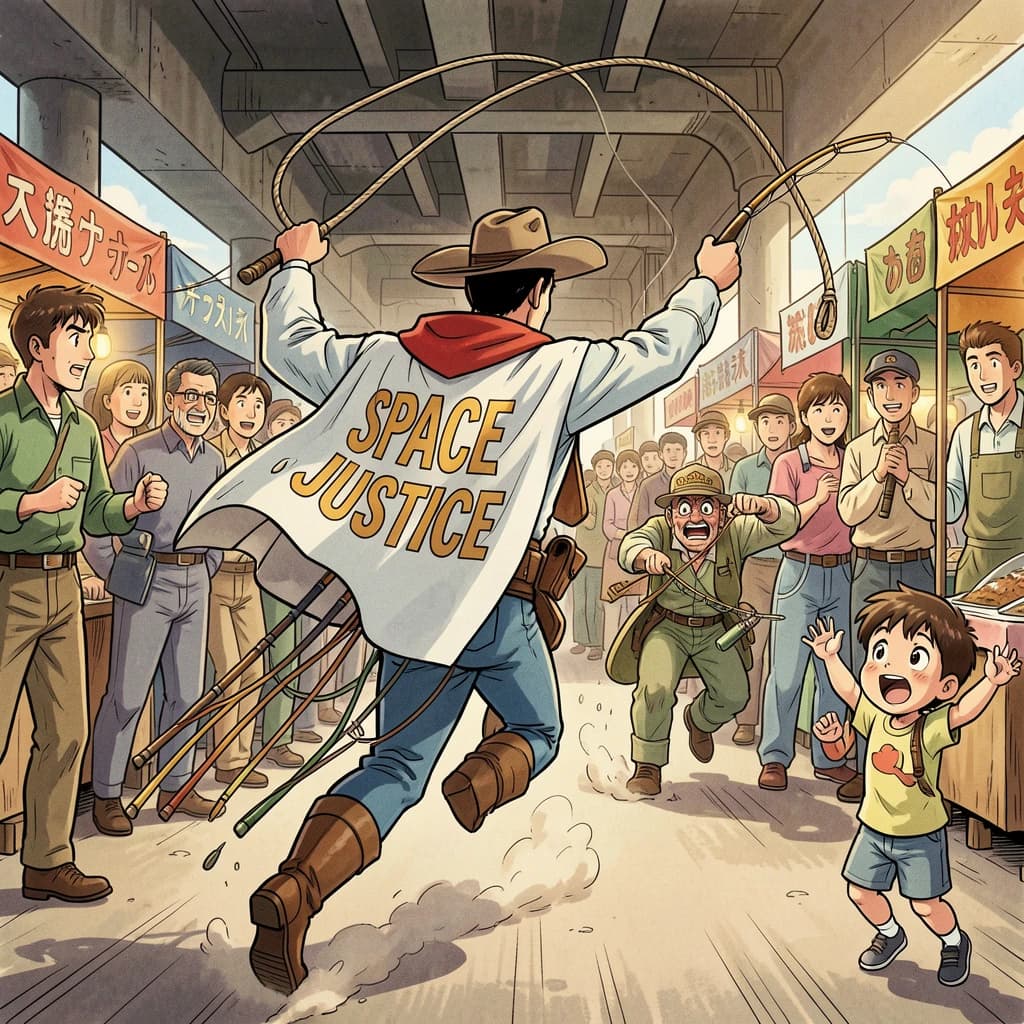 The space cowboy chases the deranged fisherman underneath the causeway, eager to collect on his bounty. Fishing rods and lines hang off the back off the fishermen as he darts between the bustling market crowd. We see the back of the space cowboy in his space poncho emblazoned with the words SPACE JUSTICE, spinning his lasso over his head. A child on the sidelines excitedly cheers the cowboy. 1990s hand drawn anime style with strong fluidity