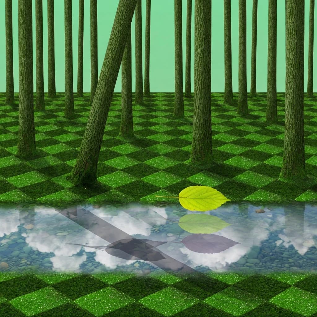 The forest is saturated green, trees identical in height and width, trunks straight, bark texture repeating. One trunk leans diagonally yet the branches remain vertical. The moss is emerald, glistening, though each patch forms identical diamond shapes. A stream runs straight, perfectly linear, water clear, reflecting clouds not visible in the sky. No animals, no insects, but one leaf floats on the water, doubled, showing two overlapping shadows.