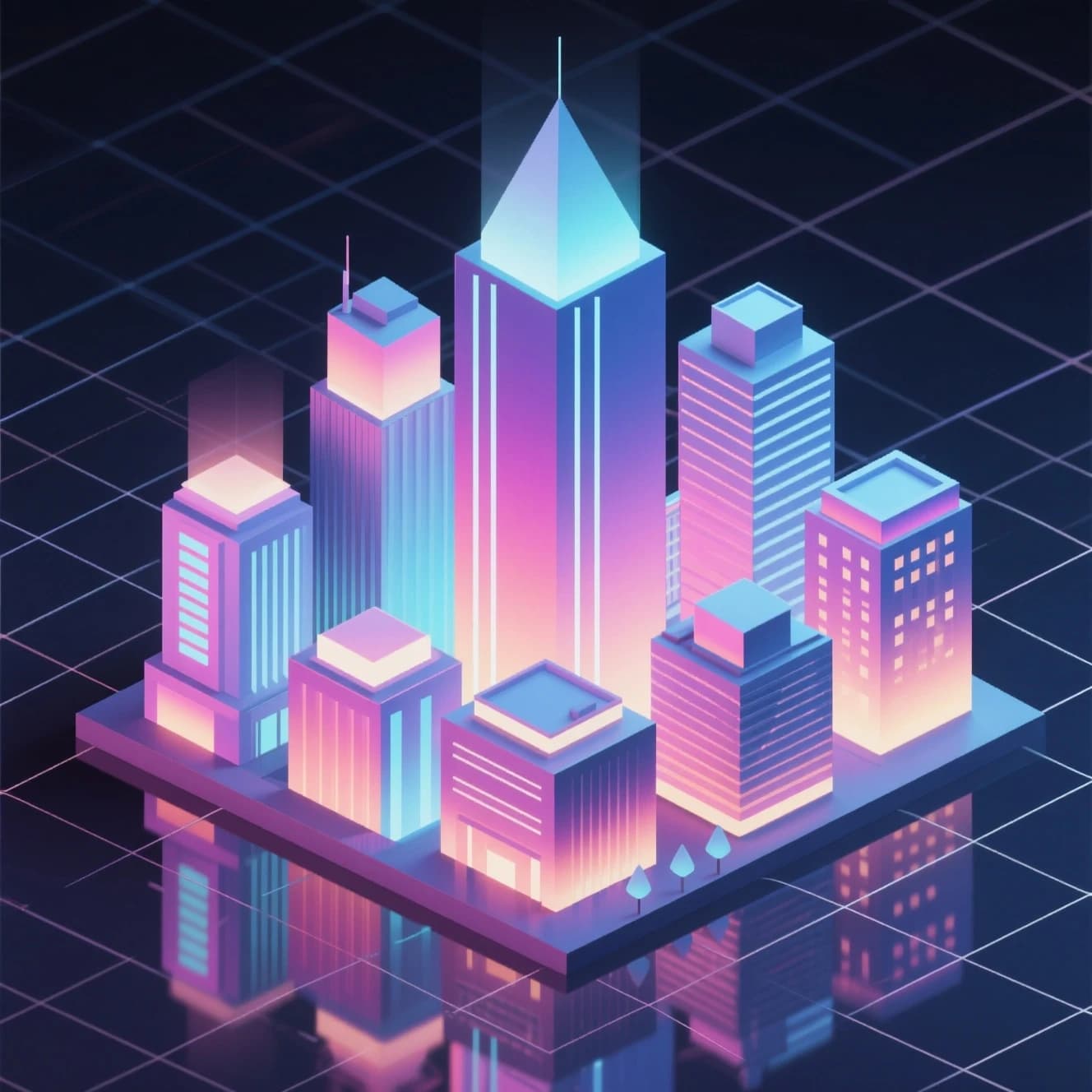 Render an isometric city poster with geometric buildings, neon gradients, gloss highlights, soft AO shadows, clean sans-serif lettering, grid layout, reflections a bit overexposed.