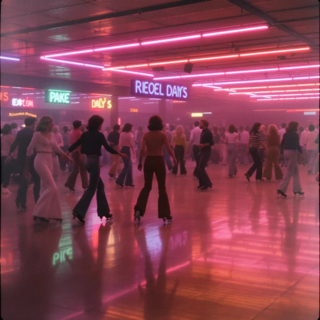 A 1970s roller rink crowd skates under neon, with a bit of fade and film grain.