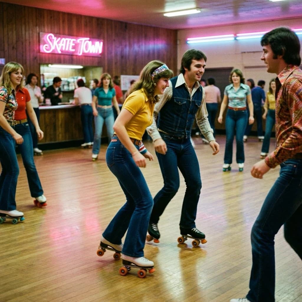 A 1970s roller rink crowd skates under neon, with a bit of fade and film grain.