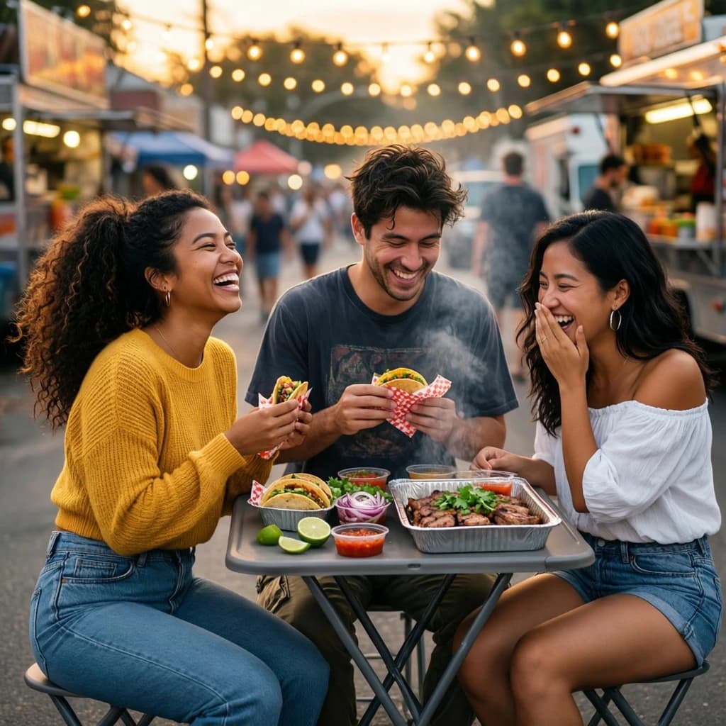 Friends laugh over street tacos at dusk, candid, shallow depth.