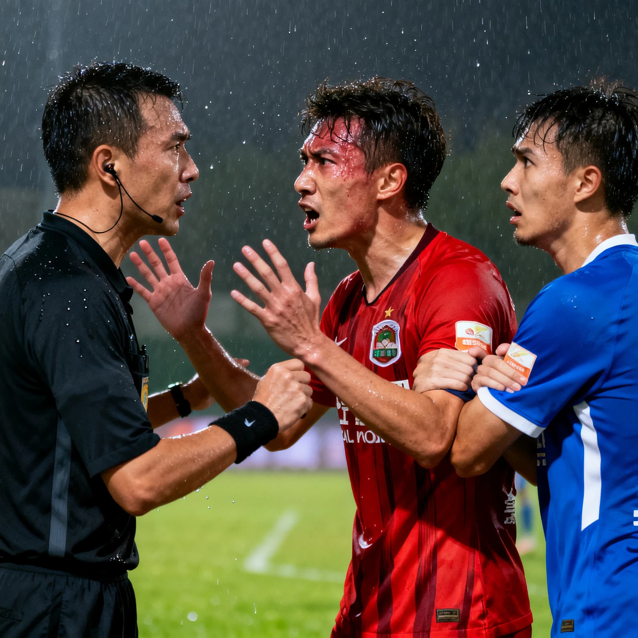 The soccer player clashes with the ref. It is thick and humid and the heat is getting to the players. His friend tries to pull him off before he causes any more trouble.