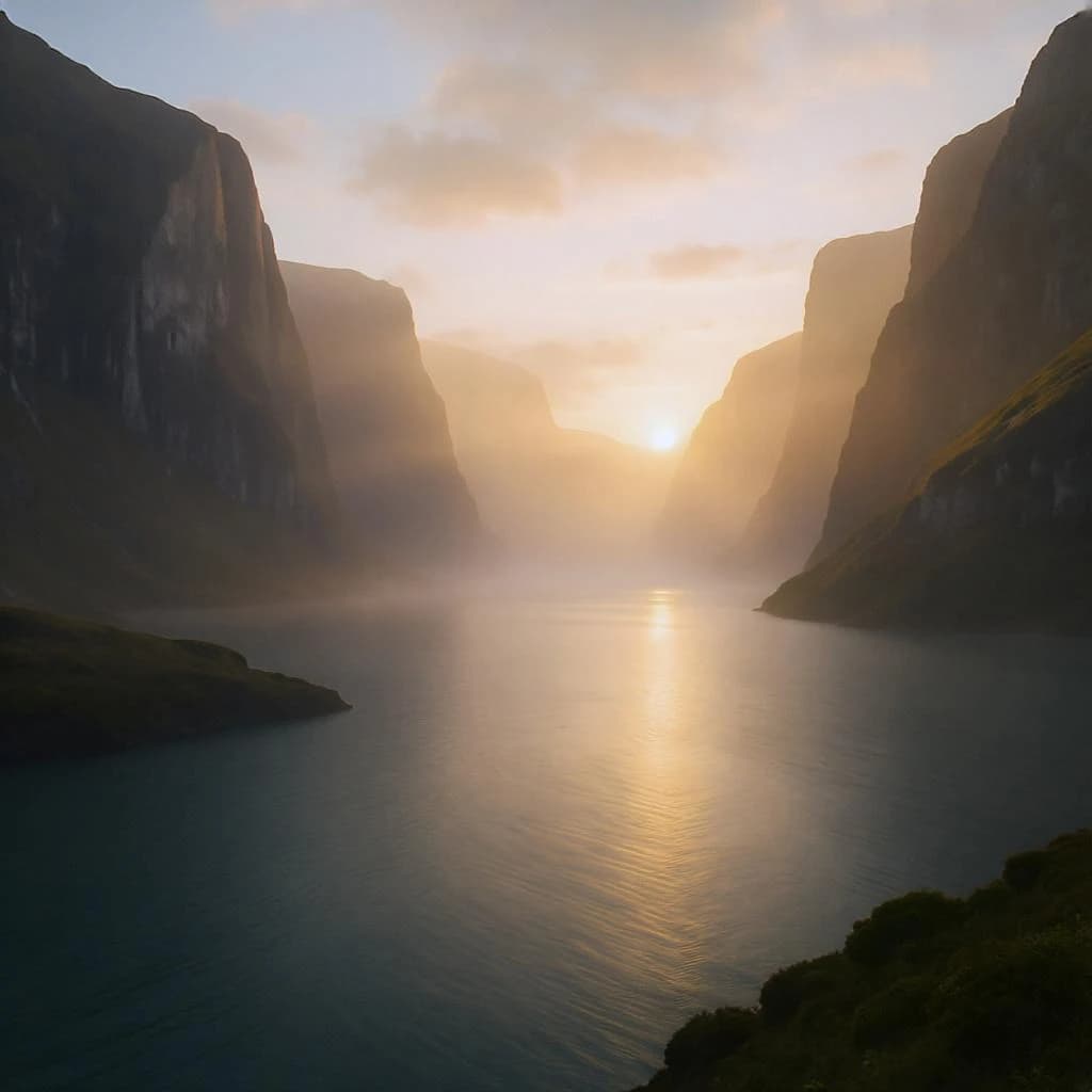 Frame a foggy fjord at sunrise, cliffs looming.