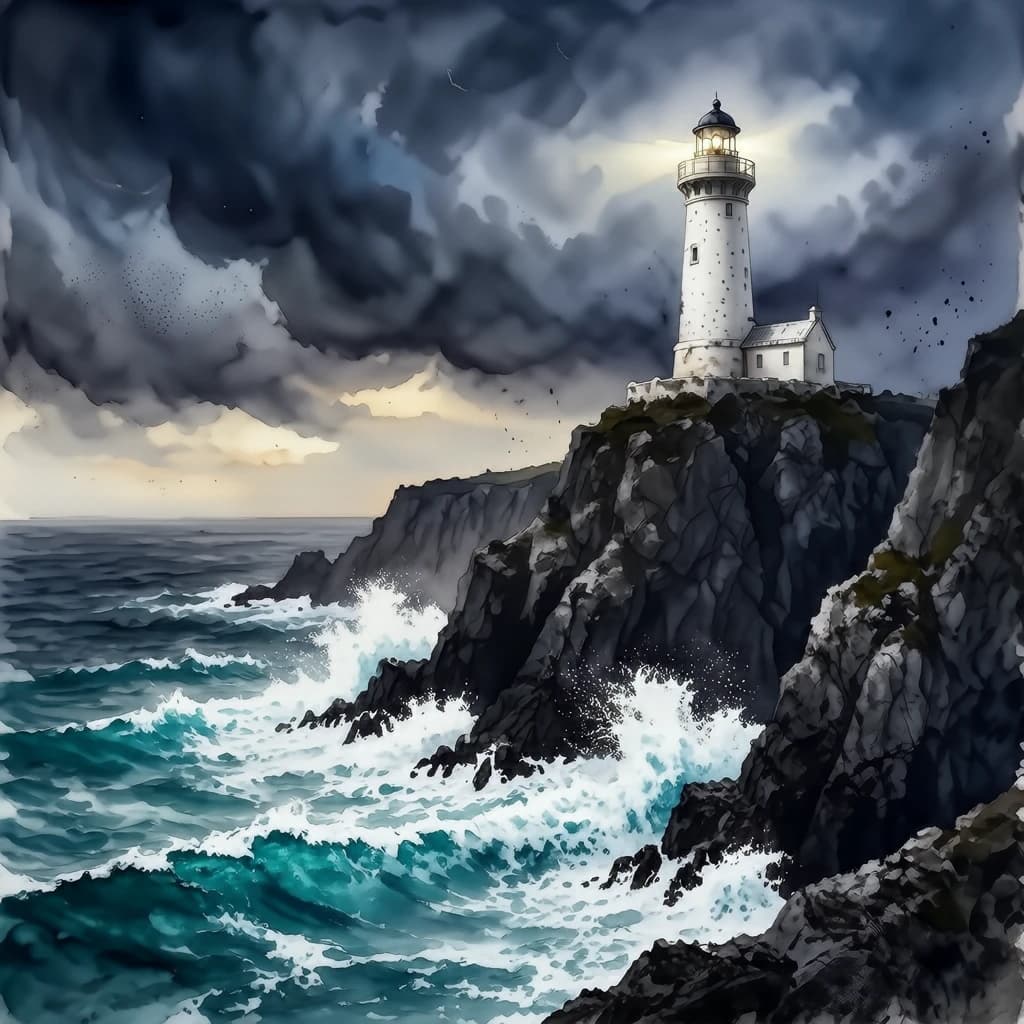 Please paint a watercolor of stormy cliffs and a lighthouse, moody sky.