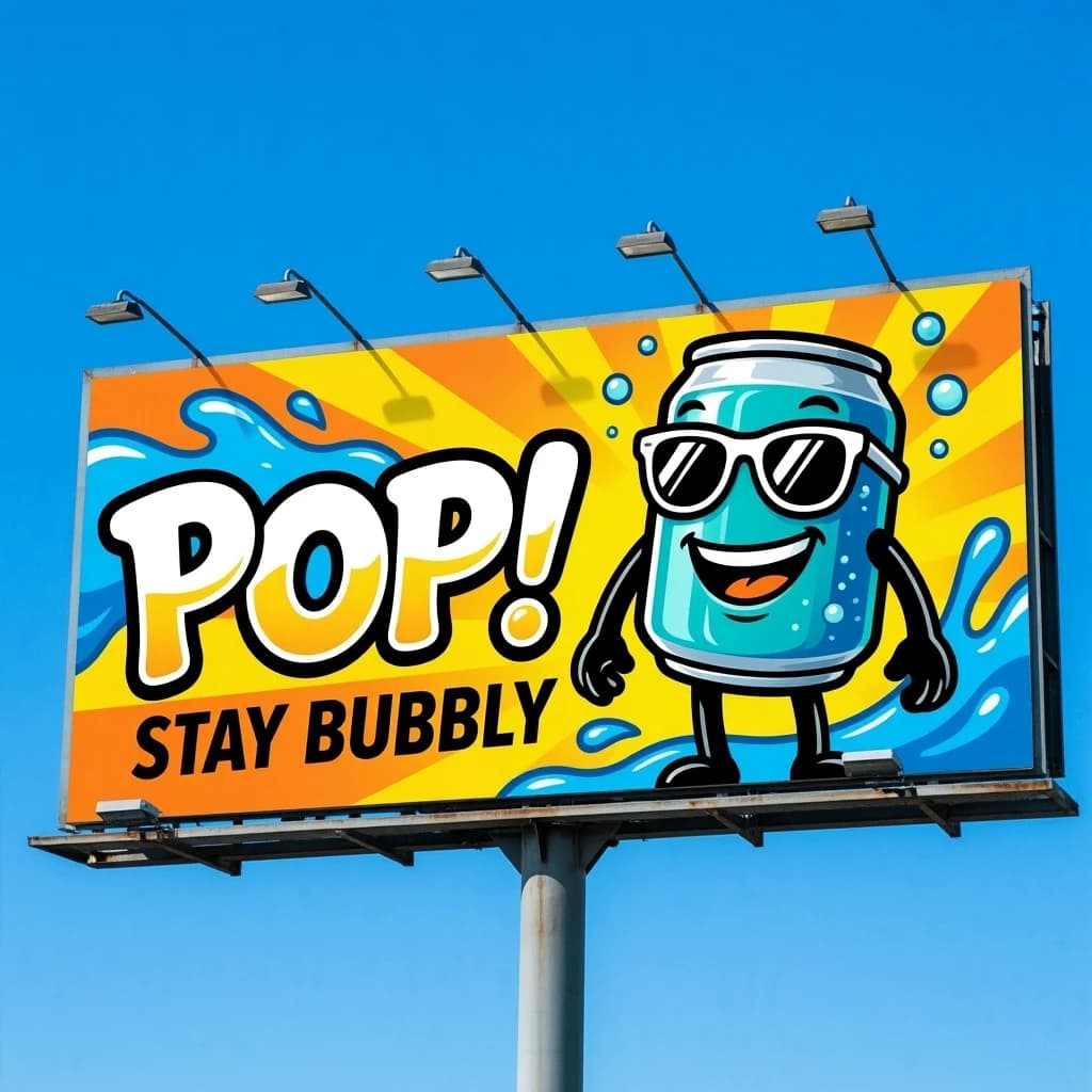 Design a bright soda billboard ad with a bubbly can mascot, thick inky lines.