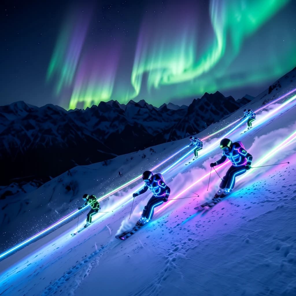 Coronet Peak Night Skiing: Skiers in colorful LED suits carve their way down the slopes of New Zealand's Coronet Peak under the Aurora Borealis, the skiers' light trails visible behind them