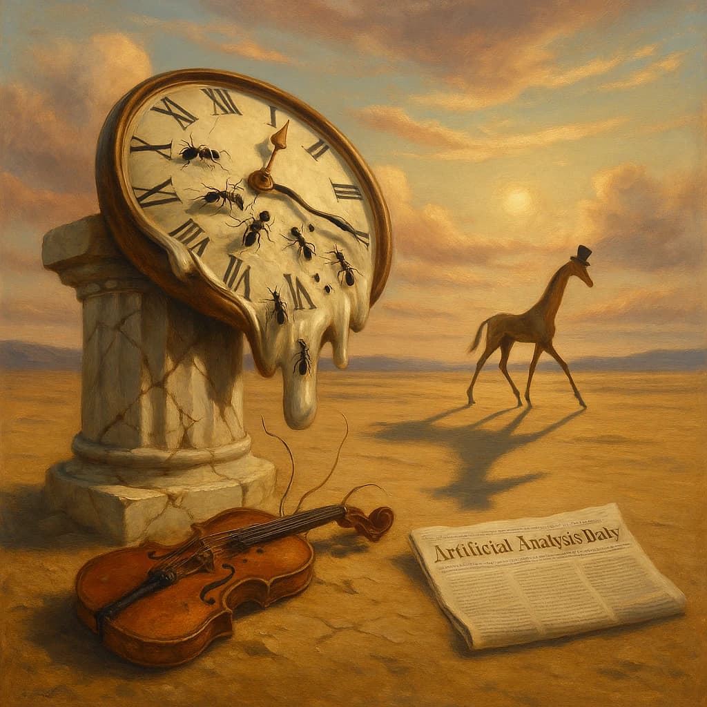 A vast desert plain stretches endlessly under a sky streaked with pale pink and ochre clouds. In the center stands a colossal clock, its face drooping and melting over the edge of a broken marble column. Ants swarm across its warped surface, glinting in the harsh sunlight. To the right, a horse with a giraffe like neck wearing a top hat strides toward the horizon, its shadow stretching miles across the sand. A cracked violin lies half-buried in the foreground, strings snapping outward like veins. Painted in the dreamlike surrealist style. A newspaper named the "Artificial Analysis Daily" lies on the Floor.
