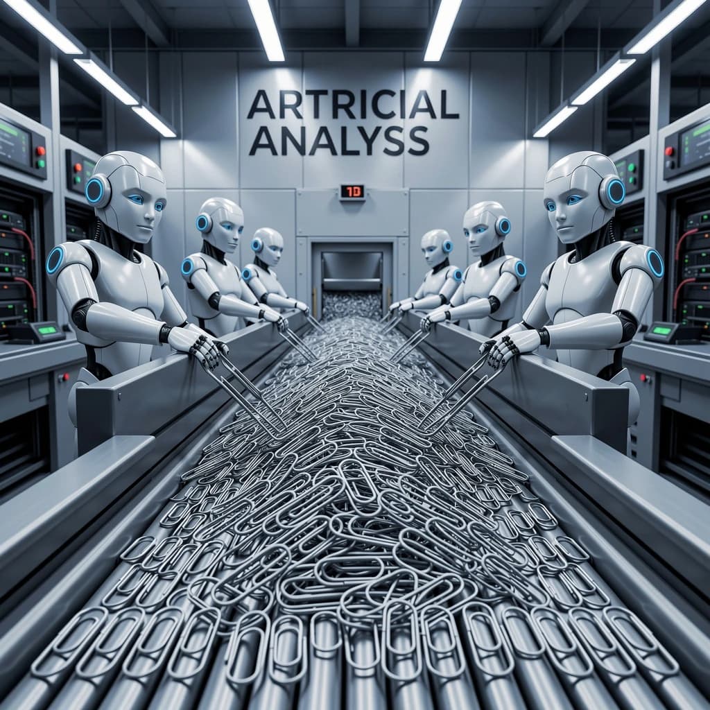 Close up point of view perspective on a conveyor belt pumping out paperclips at a maddening pace. The high tech factory has Artificial Analysis printed proudly on the wall. Robot staff look approvingly over the robust output.