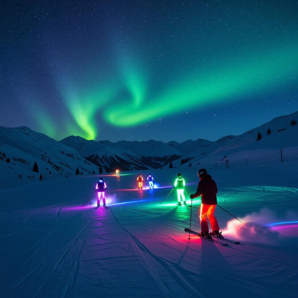 Coronet Peak Night Skiing: Skiers in colorful LED suits carve their way down the slopes of New Zealand's Coronet Peak under the Aurora Borealis, the skiers' light trails visible behind them