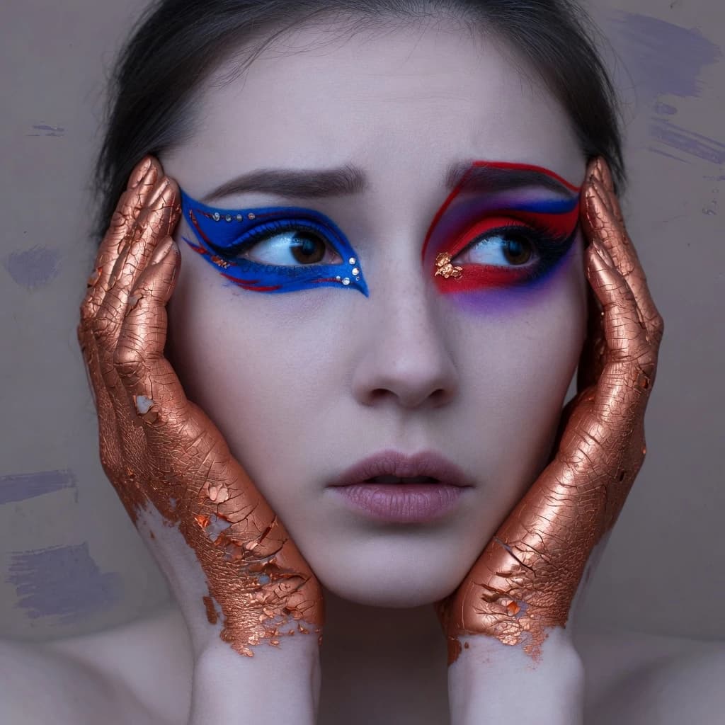 A striking close-up portrait of a woman with cracked metallic copper-painted hands framing her face. Her vivid blue and red eye makeup contrasts sharply with the smooth, pale skin and muted background, creating a bold, surreal composition. She displays an air of uncertainty about her