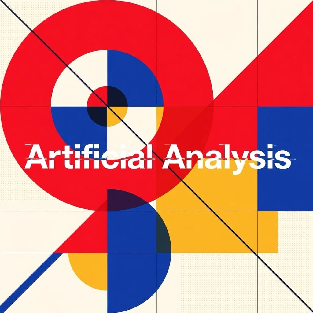 A bold poster composition dominated by flat geometric shapes in crimson, cobalt, and ochre. Overlapping circles and sharp diagonal lines create dynamic tension across the frame. A single sans-serif word — Artificial Analysis — stretches across the center in stark white, distorted slightly as though caught mid-glitch. The background is textured with halftone dots and faint grid lines, while subtle overlays of translucent rectangles suggest depth. Designed in the spirit of modernist Swiss typography fused with digital glitch aesthetics.