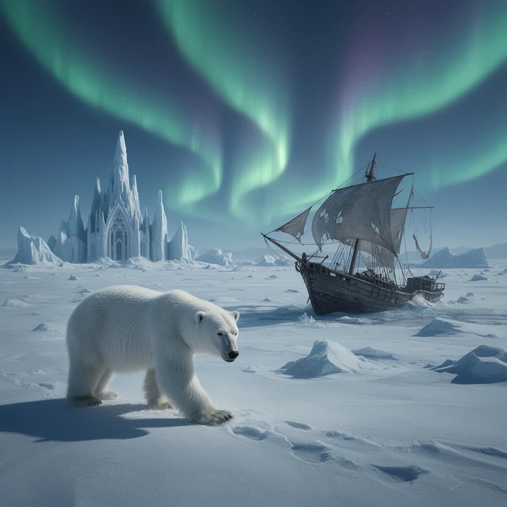 An endless tundra stretches outward, littered with jagged icebergs shaped like cathedral spires. A polar bear trudges across the foreground but leaves no tracks. Auroras ripple overhead. A half-buried shipwreck juts from the snow — sails billowing despite the still air.