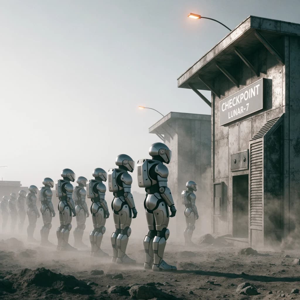 Silver exosuits queue at a dusty lunar checkpoint.