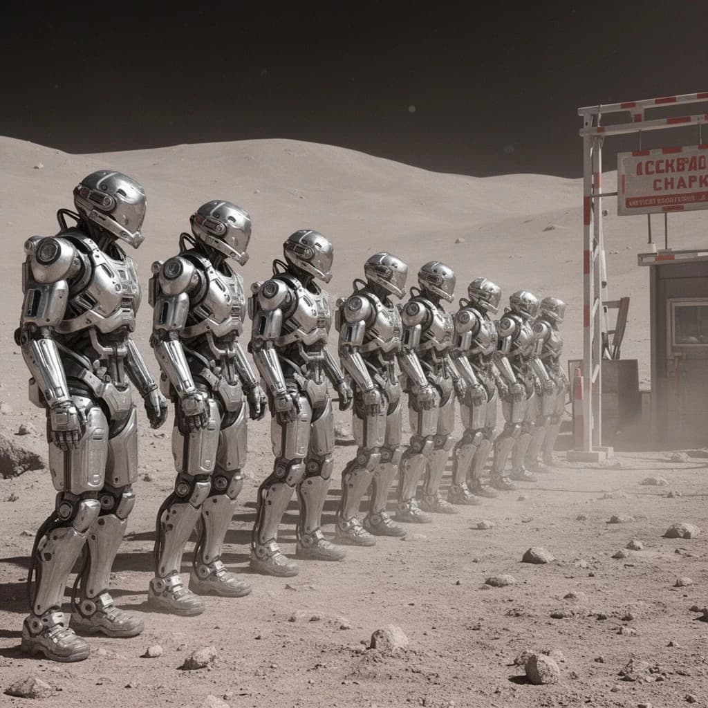 Silver exosuits queue at a dusty lunar checkpoint.