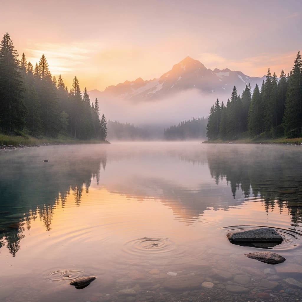 I want a photo of a misty alpine lake at dawn, pines, glassy water, warm light.