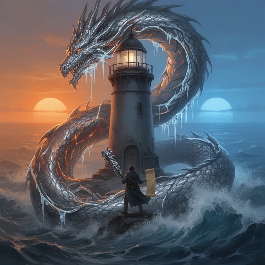 A dragon of molten silver coils around a lighthouse. The storming sea below crashes upward in frozen stillness, as though caught mid-motion. The dragon’s molten eyes drip tears of ice. On the horizon, two suns set next to each other, casting orange light on one side of the tower and blue on the other. A cloaked traveler carries an ancient weapon in his left hand and a scroll in his right.