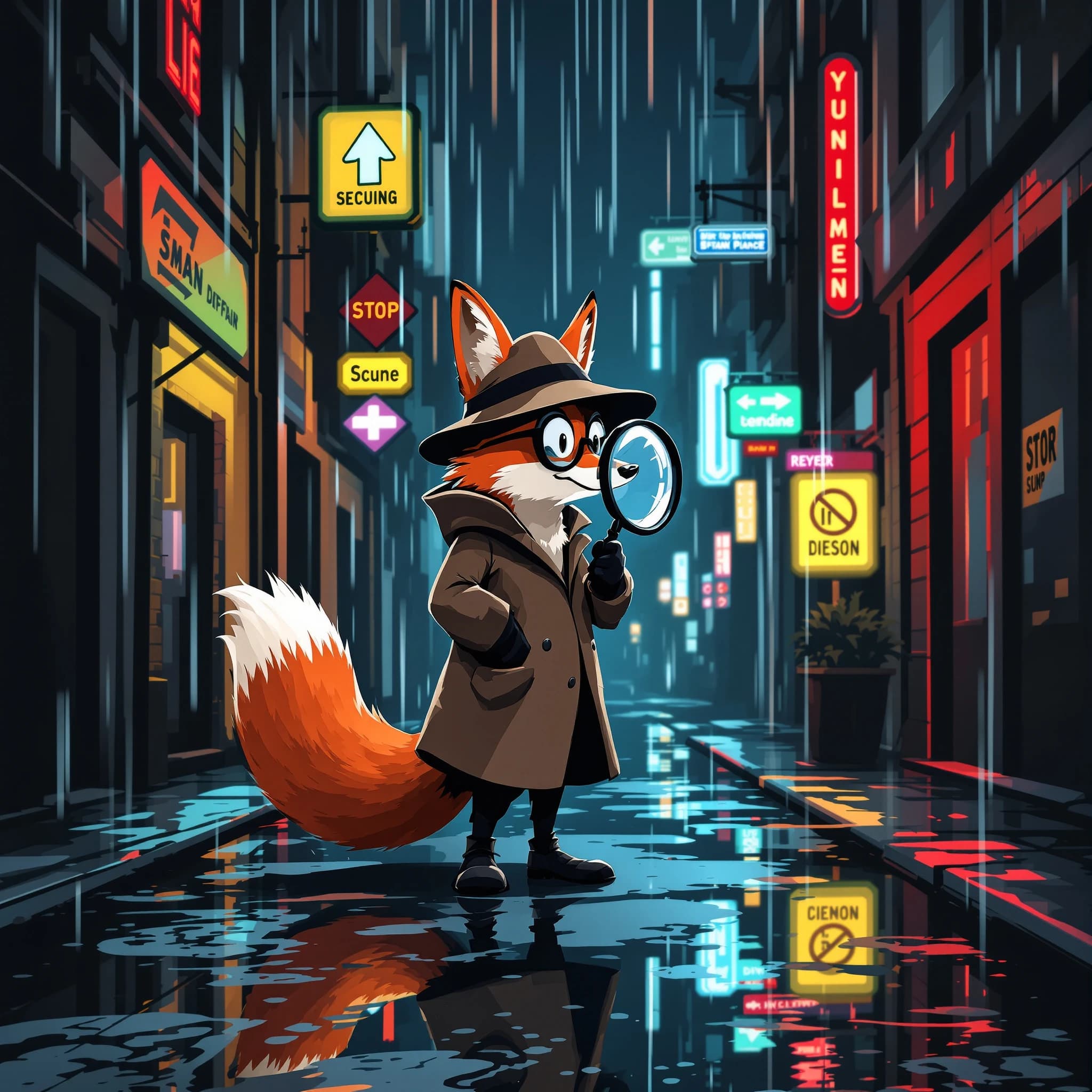 A fox detective stands in a rainy neon alley, bold outlines, flat colors, oversized magnifying glass; a bit moody, puddles reflect signs, raindrops like small dashes.