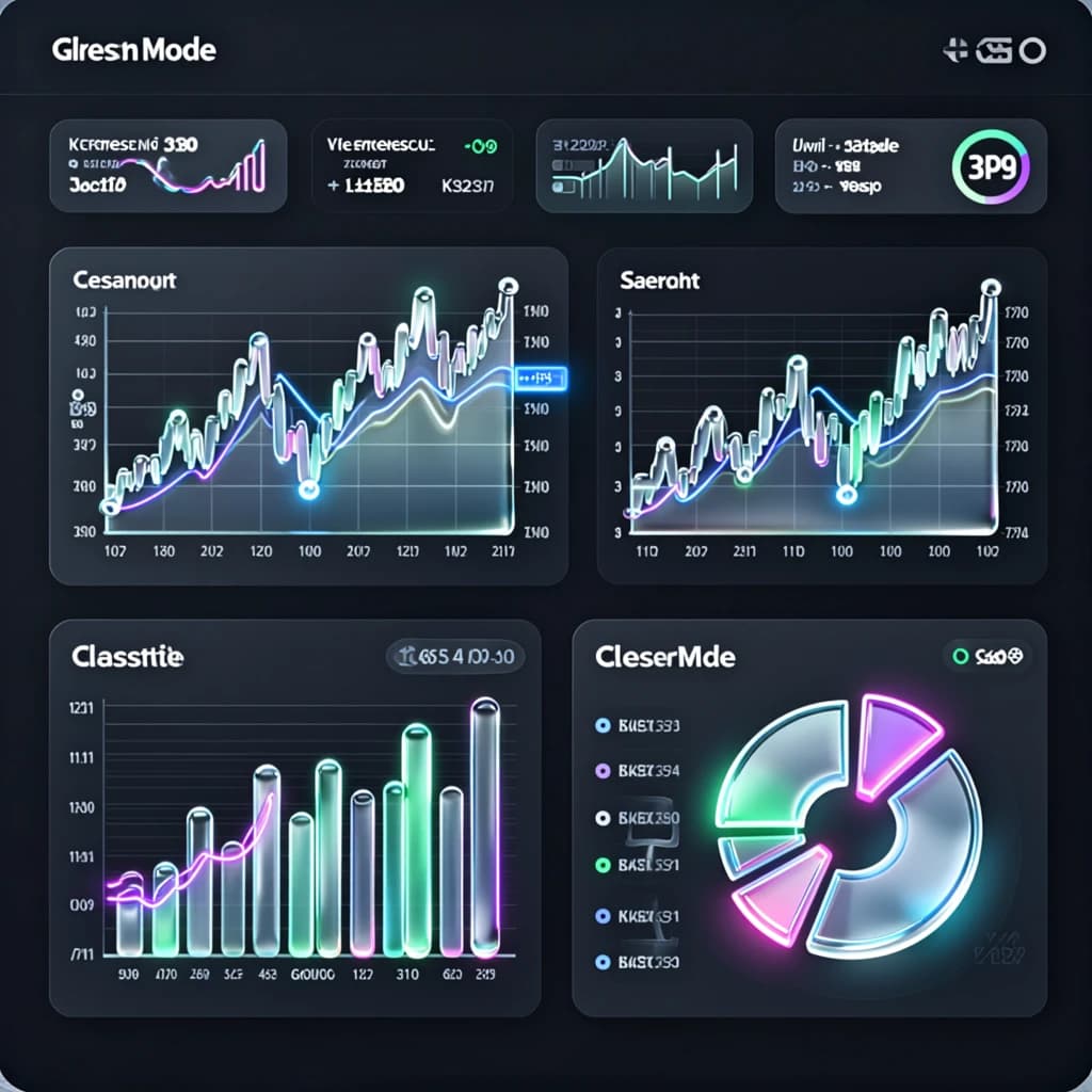 Make a dark mode finance dashboard with charts, glassmorphism, soft neon glow.
