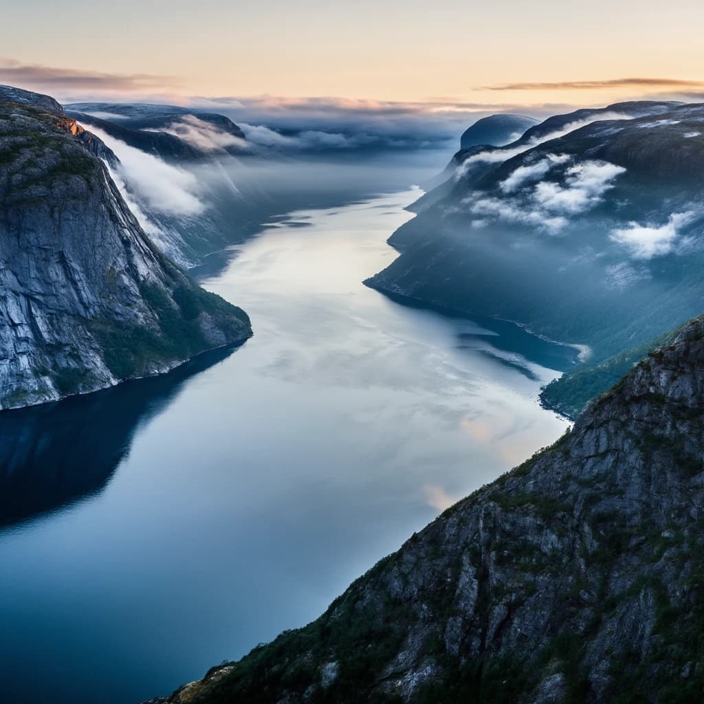 Frame a foggy fjord at sunrise, cliffs looming.
