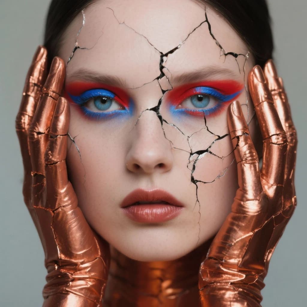 A striking close-up portrait of a woman with cracked metallic copper-painted hands framing her face. Her vivid blue and red eye makeup contrasts sharply with the smooth, pale skin and muted background, creating a bold, surreal composition. She displays an air of uncertainty about her