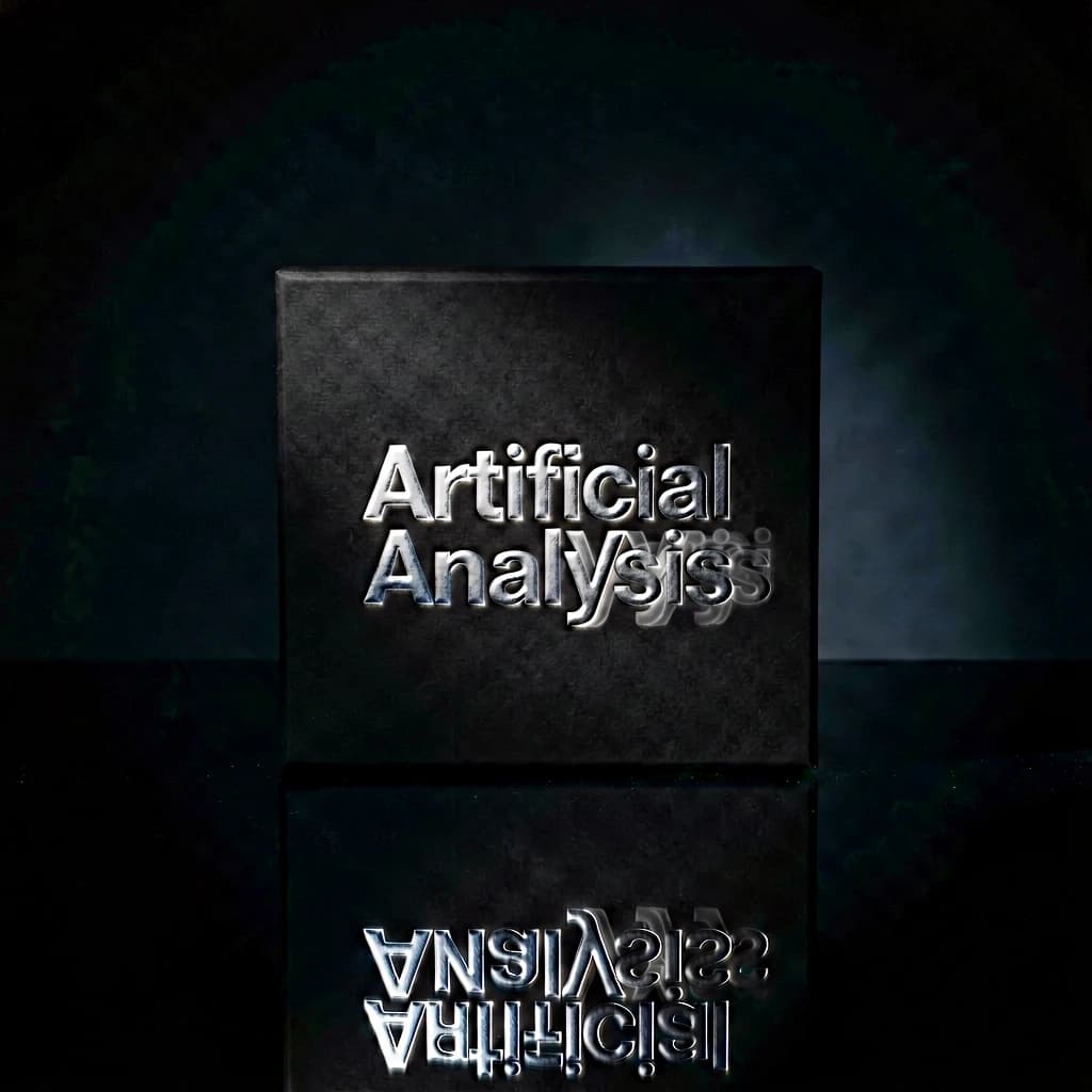 On the black box, silver foil embossing, centered: "Artificial Analysis" in Comic Sans Small Caps, perfectly justified. The letters are crisp, but the “Y” is duplicated faintly, ghosting right. On the box’s reflection, the word order is inverted: ARTIFICIAL ANALYSIS.