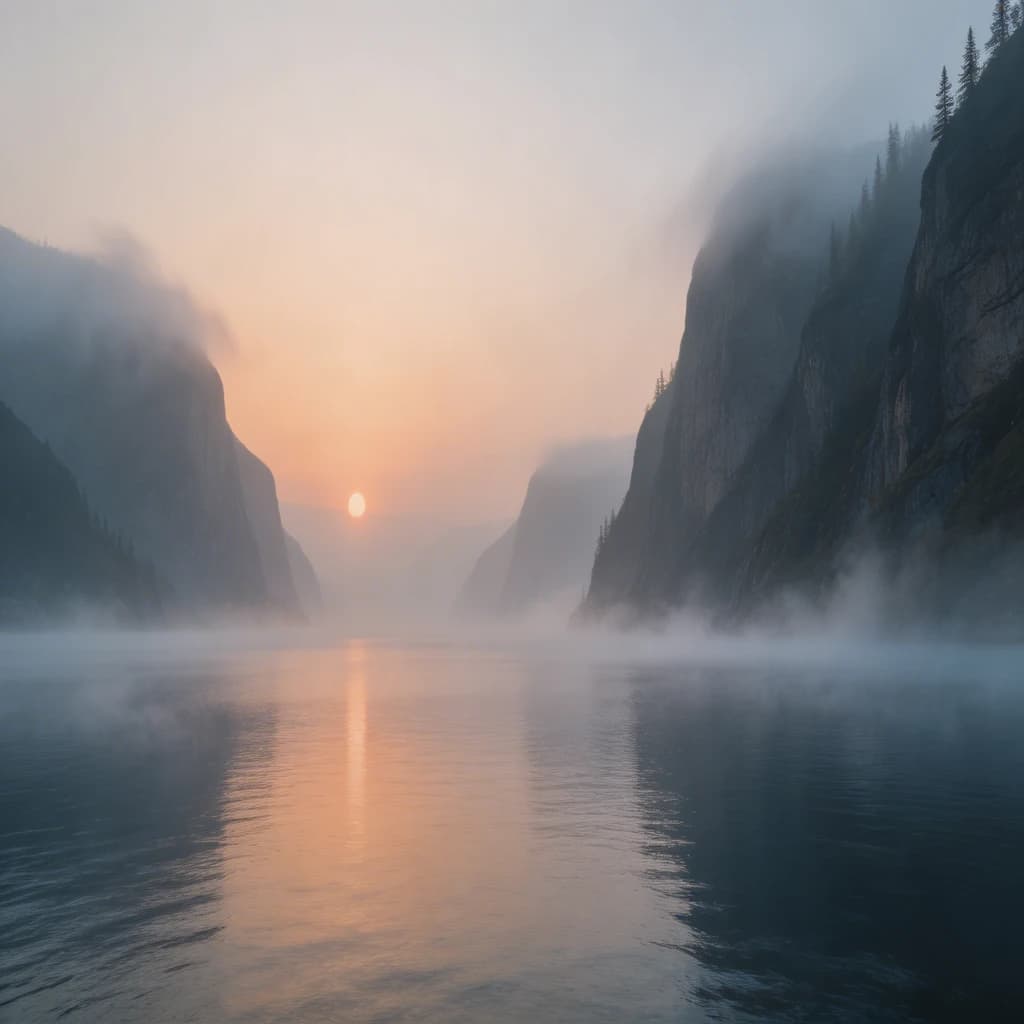 Frame a foggy fjord at sunrise, cliffs looming.