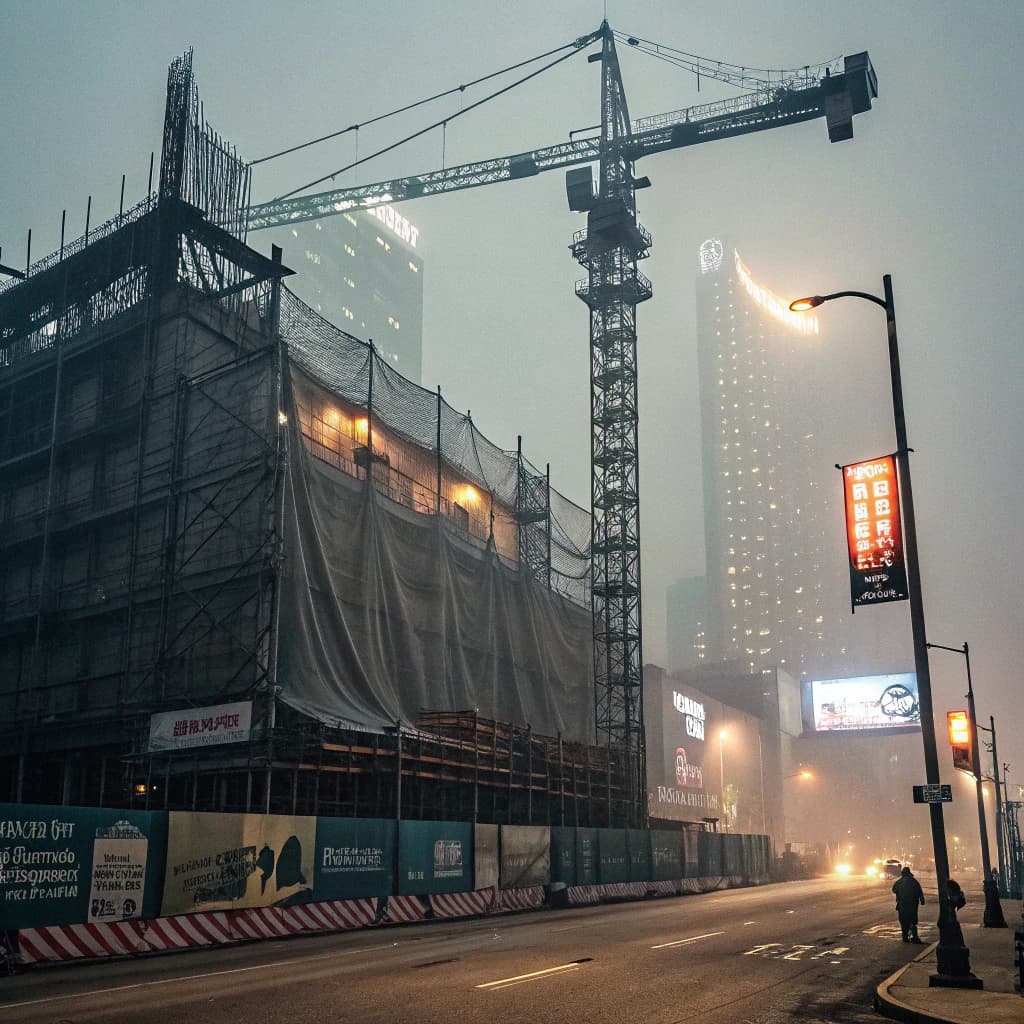 A construction site stretched upward into fog, cranes frozen in silhouette. Wind rattled scaffolding draped with torn mesh that glowed faintly from nearby billboards