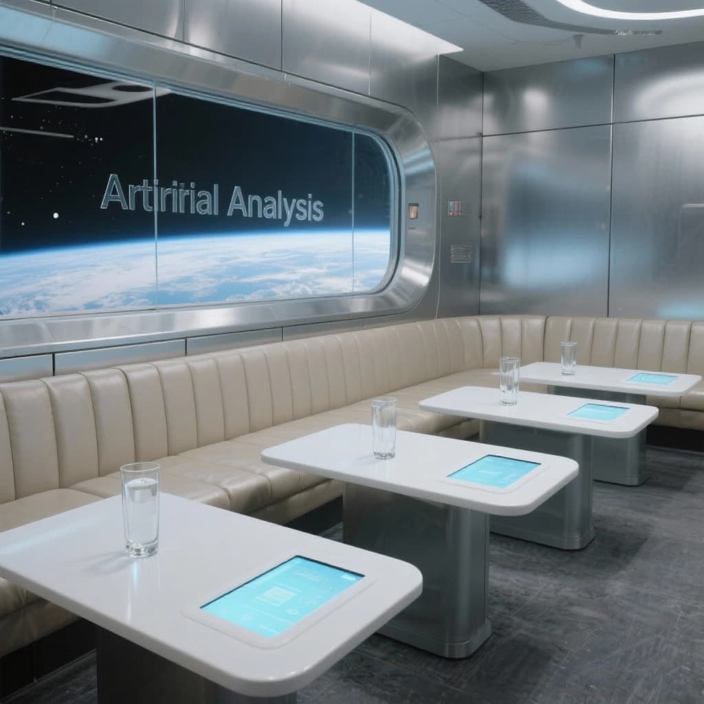The orbital lounge has brushed aluminum walls and pale leather banquettes. Low white tables are inset with glowing touchscreens. Drinks are clear, flavorless, in tall unmarked glasses. The viewport is floor-to-ceiling, showing Earth moving slowly beneath. The word Artificial Analysis is etched discreetly on the glass in a frosted band.