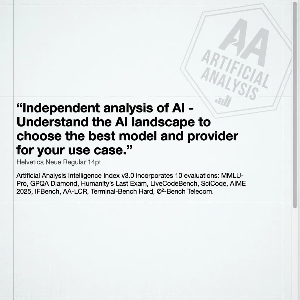 On a white dashboard with thin gray dividers, place a centered header in Helvetica Neue Bold, 20pt: “Independent analysis of AI - Understand the AI landscape to choose the best model and provider for your use case.” Directly beneath, a subheader in smaller Regular weight, 14pt: “Artificial Analysis Intelligence Index v3.0 incorporates 10 evaluations: MMLU-Pro, GPQA Diamond, Humanity's Last Exam, LiveCodeBench, SciCode, AIME 2025, IFBench, AA-LCR, Terminal-Bench Hard, 𝜏²-Bench Telecom.” The header is fully justified but the subheader is left-aligned. In the upper right corner, the Artificial Analysis logo appears watermarked, diagonal, faint gray, partially overlapping the scrollbar.