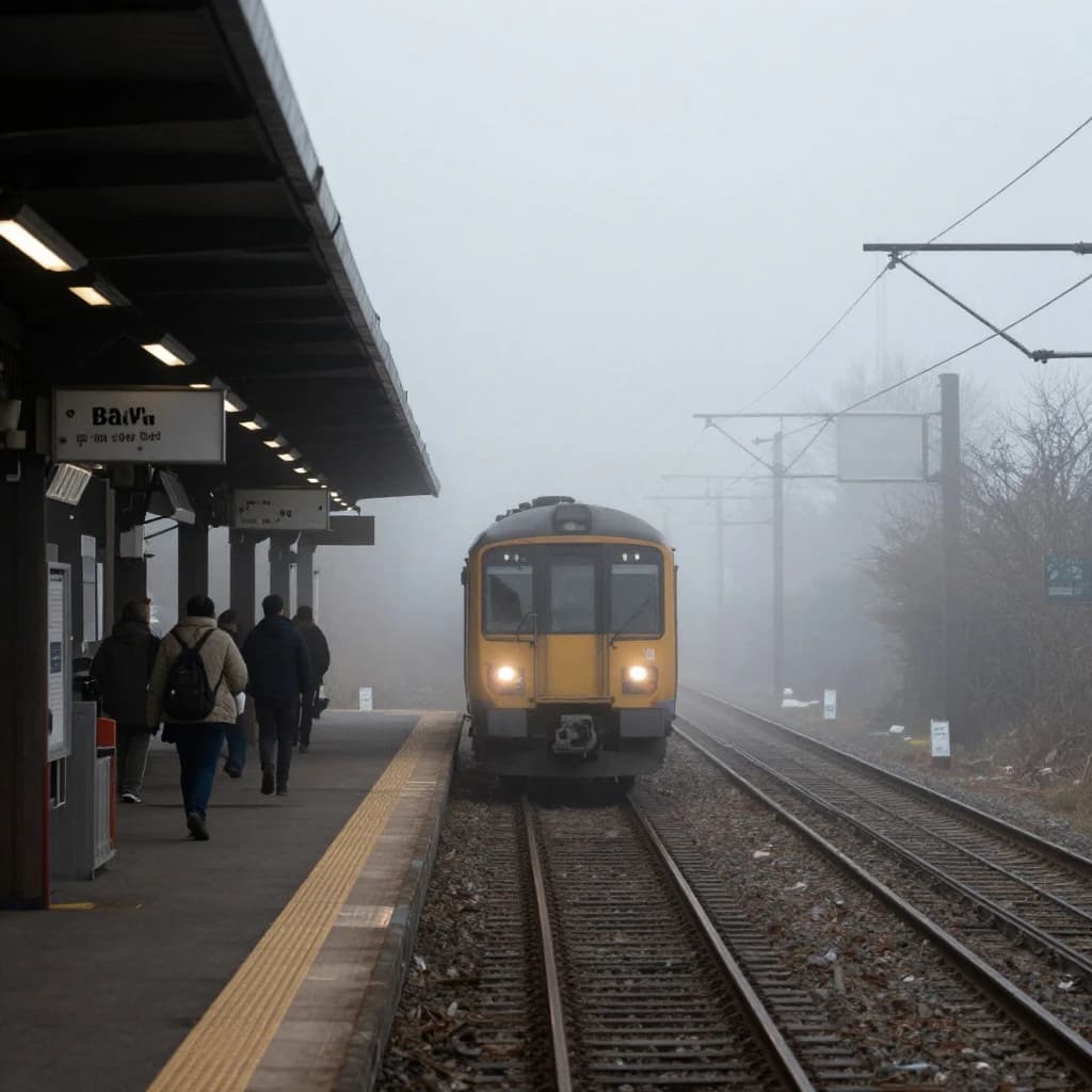 A commuter train enters a foggy little station.