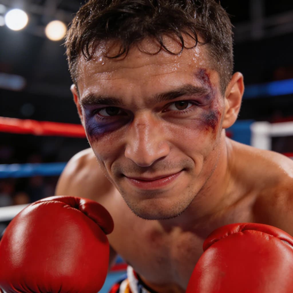 Paint a bruised boxer smiling, serious expression.