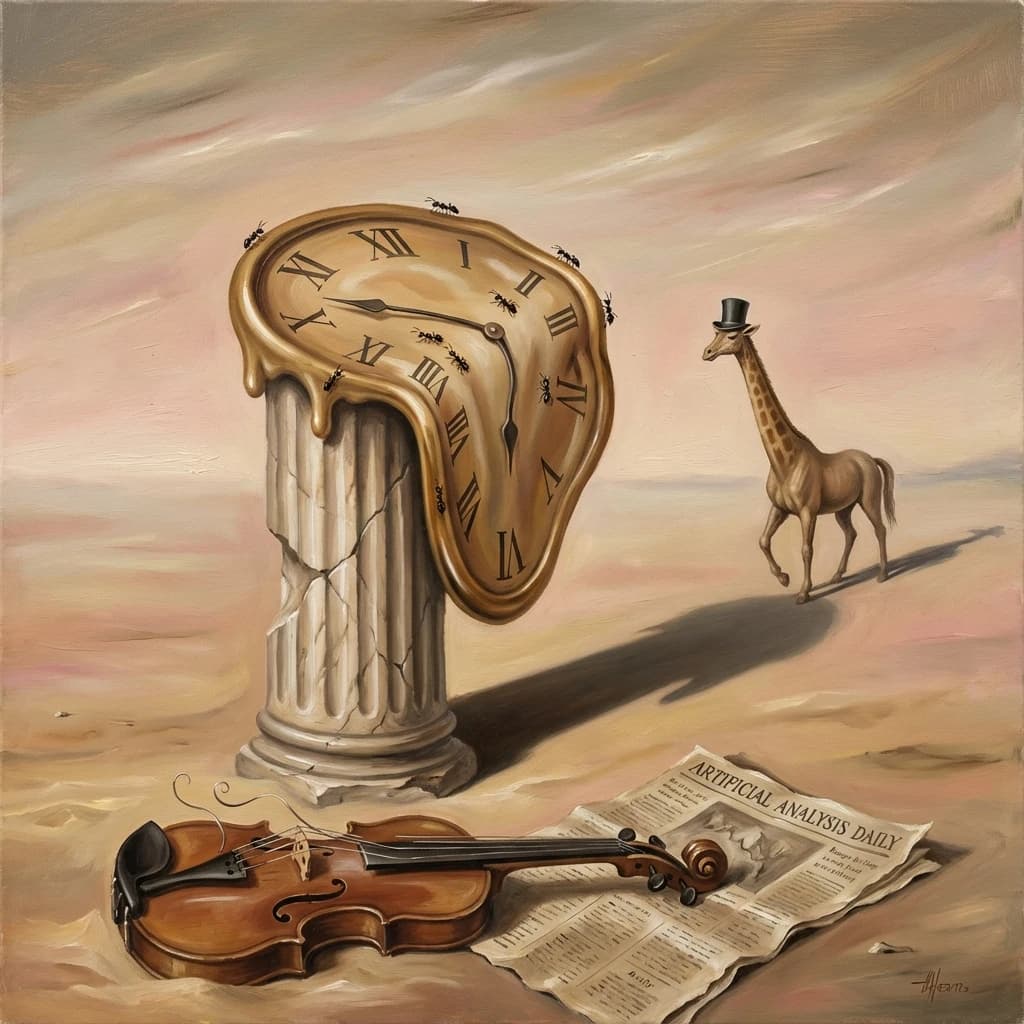 A vast desert plain stretches endlessly under a sky streaked with pale pink and ochre clouds. In the center stands a colossal clock, its face drooping and melting over the edge of a broken marble column. Ants swarm across its warped surface, glinting in the harsh sunlight. To the right, a horse with a giraffe like neck wearing a top hat strides toward the horizon, its shadow stretching miles across the sand. A cracked violin lies half-buried in the foreground, strings snapping outward like veins. Painted in the dreamlike surrealist style. A newspaper named the "Artificial Analysis Daily" lies on the Floor.