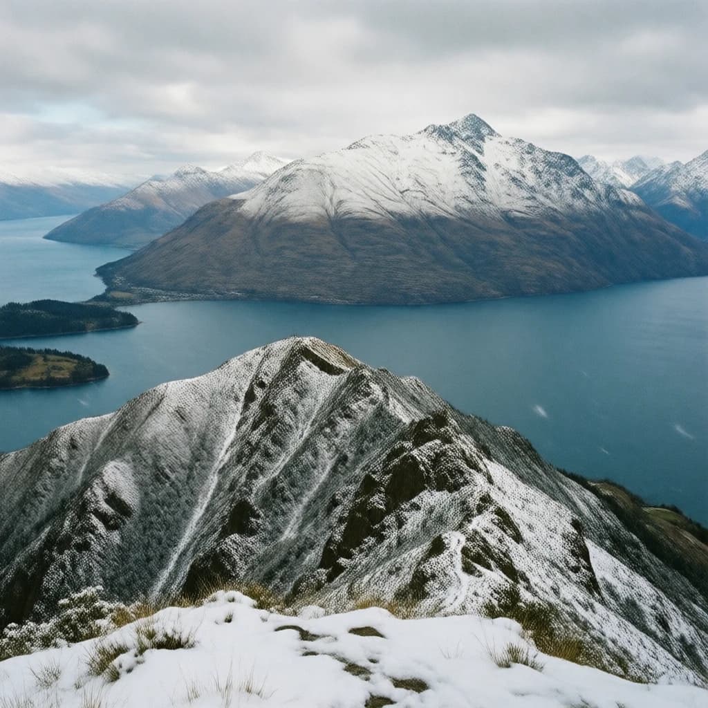 Queenstown's Lake Wakatipu, viewed from the top of Queenstown Hill after a snowstorm just dusted the top of Cecil's Peak