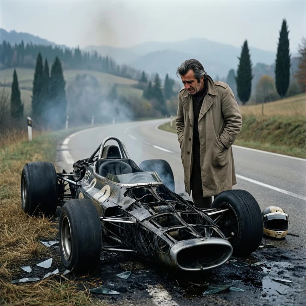Mario examines the still smouldering wreck of the crash that took his best driver on the side of the country road. He designed this car and caused this. 3 days have passed since the crash. It's 1973 in Northern Italy.
