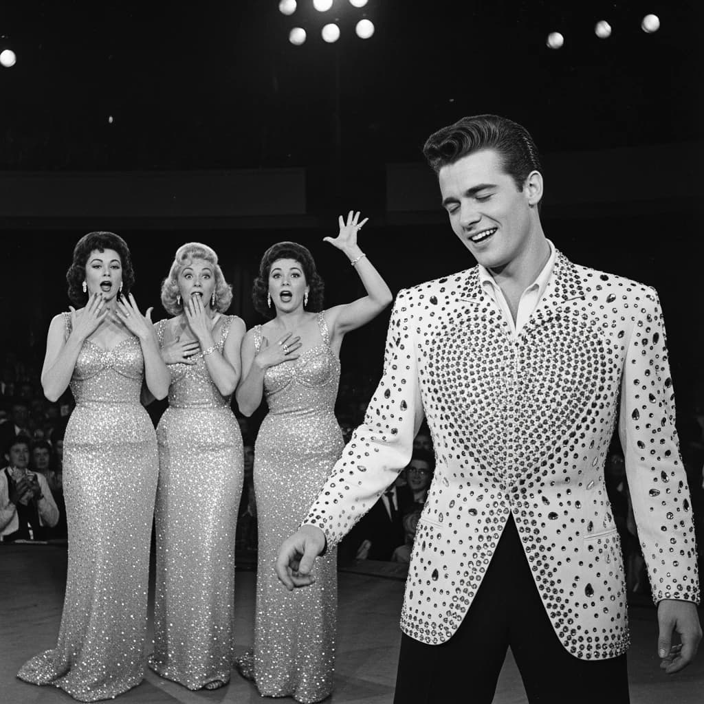 An archival image from 1953 of the rock singer swinging his hips on the stage while glamorous back up singers feign shock at his gyrations! He wears a diamond encrusted jacket with the stones arranged in the shape of a heart