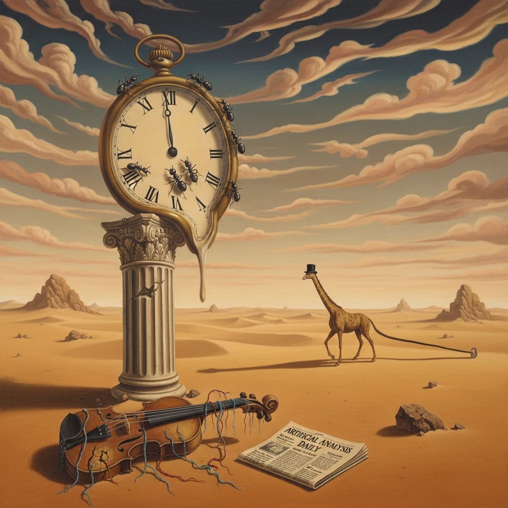 A vast desert plain stretches endlessly under a sky streaked with pale pink and ochre clouds. In the center stands a colossal clock, its face drooping and melting over the edge of a broken marble column. Ants swarm across its warped surface, glinting in the harsh sunlight. To the right, a horse with a giraffe like neck wearing a top hat strides toward the horizon, its shadow stretching miles across the sand. A cracked violin lies half-buried in the foreground, strings snapping outward like veins. Painted in the dreamlike surrealist style. A newspaper named the "Artificial Analysis Daily" lies on the Floor.
