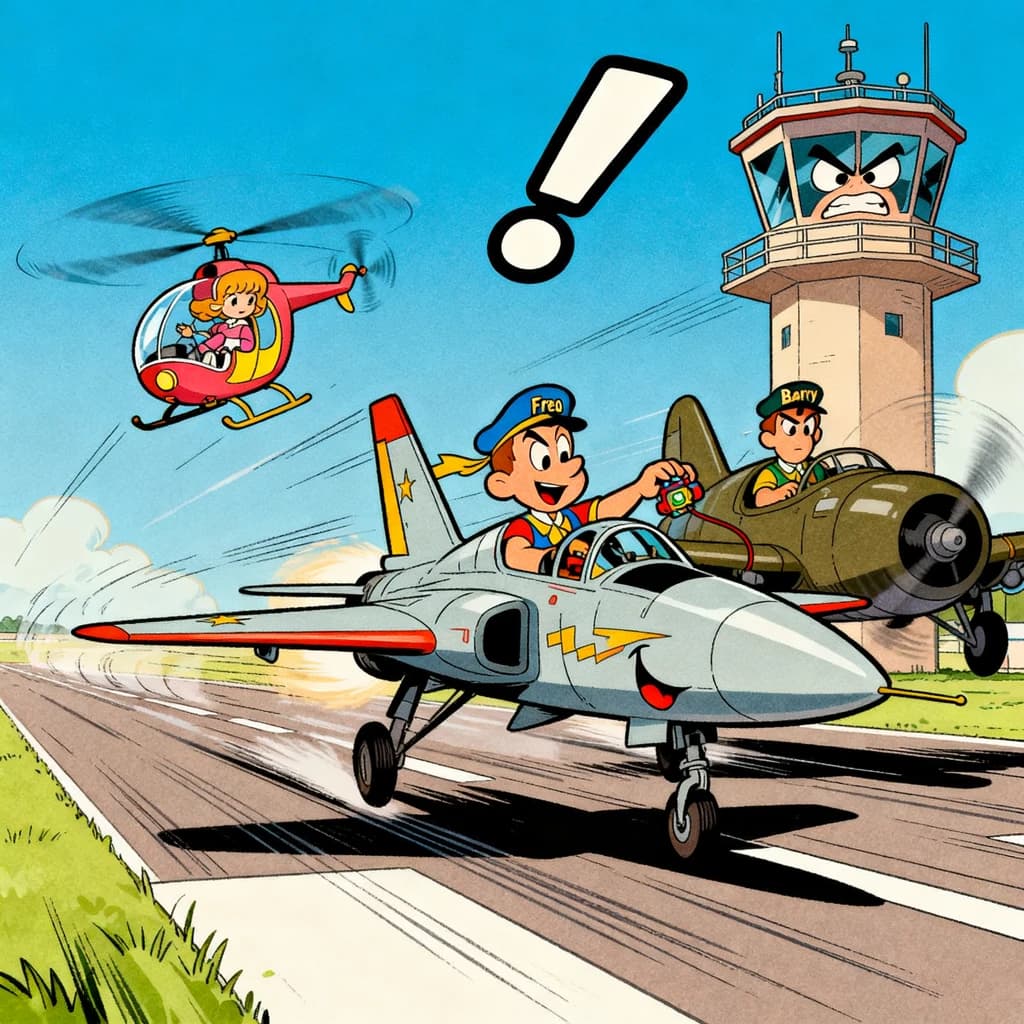 Almost at the runway, Fred the Fighter Jet is racing with Barry the Bomber to see who lands first. Fred has a mischievous trick up his sleeve but Hermione the Helicopter is going to stop him before he gets the chance. The control tower is very angry and has a big exclamation mark. Hand drawn cel look