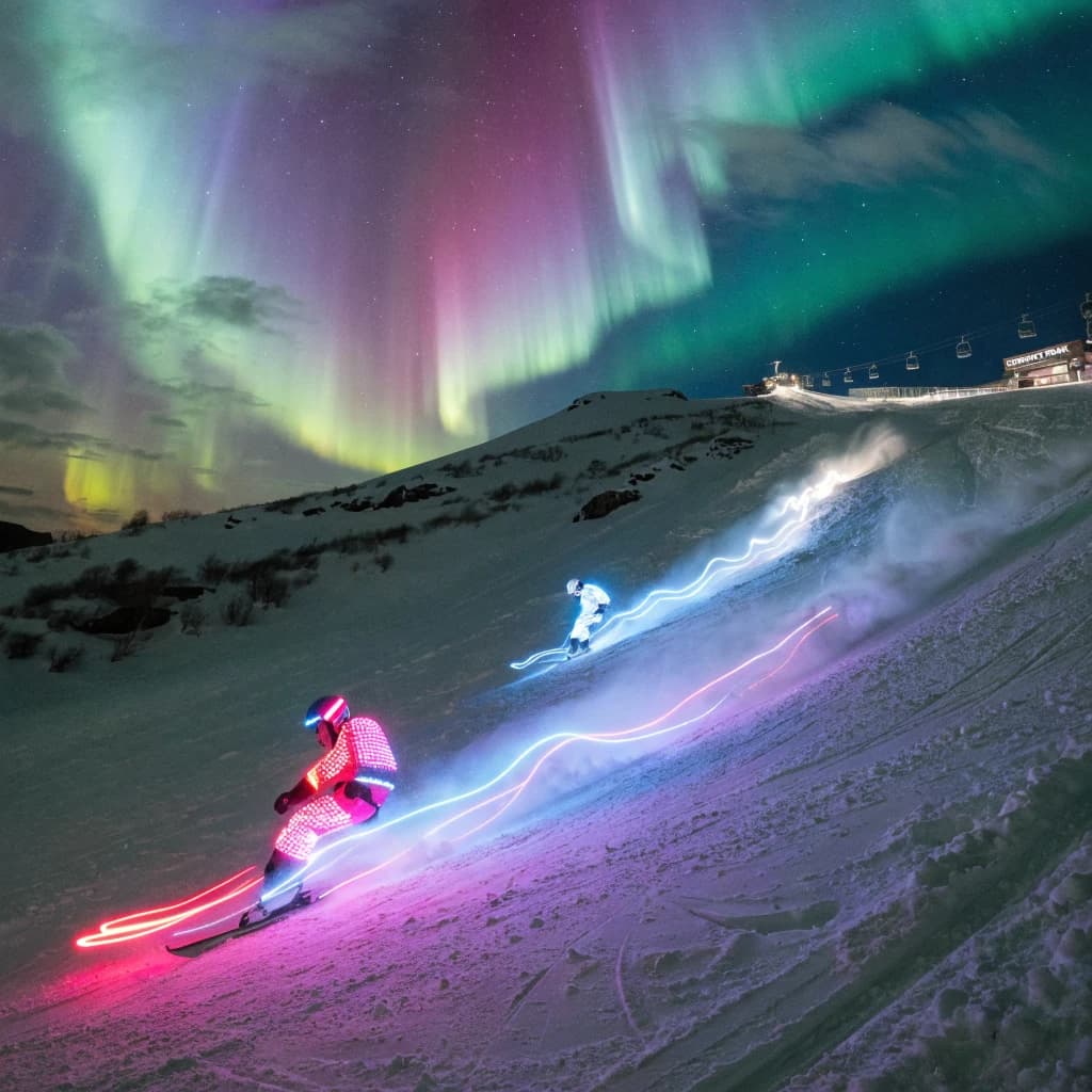 Coronet Peak Night Skiing: Skiers in colorful LED suits carve their way down the slopes of New Zealand's Coronet Peak under the Aurora Borealis, the skiers' light trails visible behind them