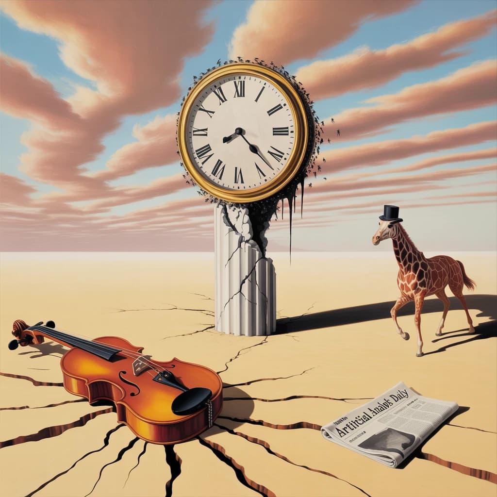 A vast desert plain stretches endlessly under a sky streaked with pale pink and ochre clouds. In the center stands a colossal clock, its face drooping and melting over the edge of a broken marble column. Ants swarm across its warped surface, glinting in the harsh sunlight. To the right, a horse with a giraffe like neck wearing a top hat strides toward the horizon, its shadow stretching miles across the sand. A cracked violin lies half-buried in the foreground, strings snapping outward like veins. Painted in the dreamlike surrealist style. A newspaper named the "Artificial Analysis Daily" lies on the Floor.