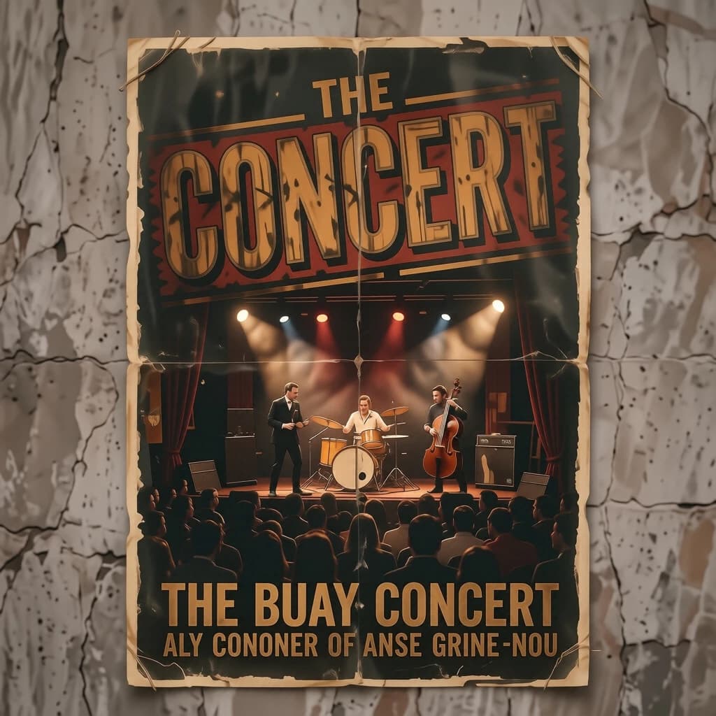 Make a 1960s concert poster featuring bold wood type, misaligned ink, creases.